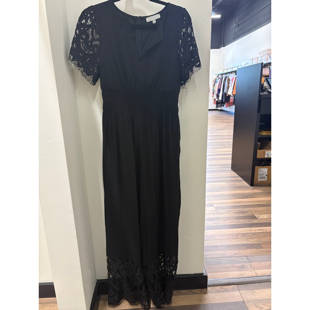 J‎ GEE Womens Black Lace Sleeve Wide Leg Jumpsuit Smocked Waist Small